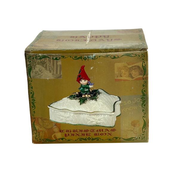 Vintage Hand Painted Cracker Barrel Christmas Tree Candy Trinket Dish With Pixie - Picture 2 of 16